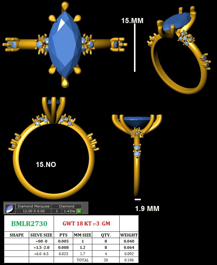 ⁠Marquise Diamond Ring with Marquise Moissanite